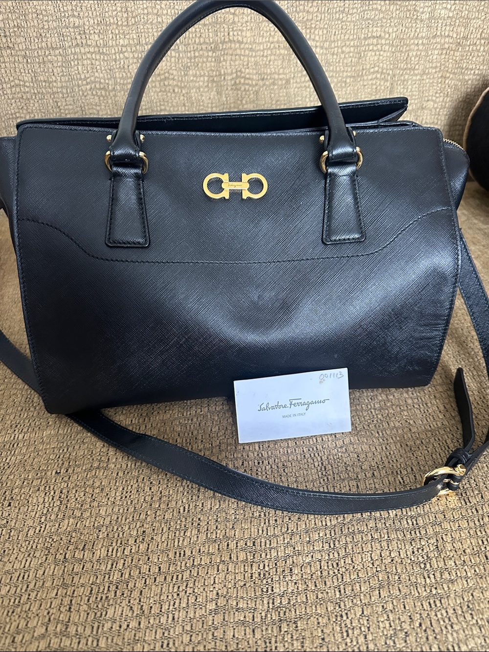 Salvatore Ferragamo Black Saffiano Leather Gancini Top Handle Satchel Bag